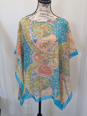 TALBOTS | Women's Blue/Grn Multicolor Paisley 100% Silk Butterfly Sleeve Blouse